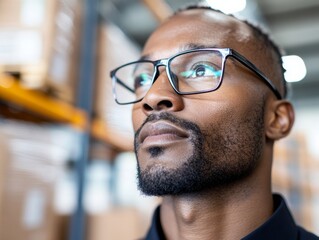 Poster - Smart Inventory Monitoring Focused Black Warehouse Manager Utilizing Digital Tablet in Modern Logistics Hub Innovative Tech for Efficient Supply Chain Management