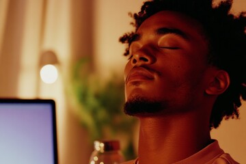 Poster - Calming Office Ambiance Diverse Young Man in Soft-Lit Workspace with Desk Plant and Dimmed Laptop - Enhancing Remote Work and Tech Wellness