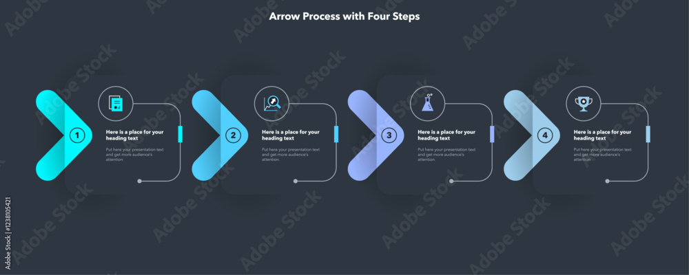 Arrow infographic process template with four steps - dark version ...