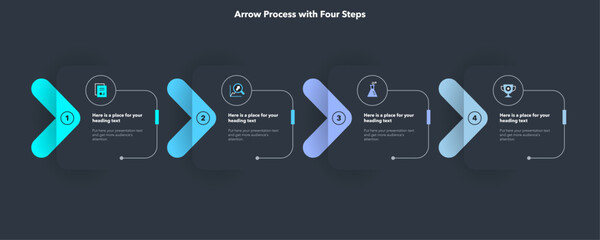 Aufkleber - Arrow infographic process template with four steps - dark version. Graphic diagram with numbers and icons for workflow layout, banner or web design.