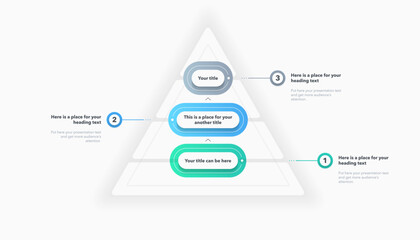 Leinwandbilder - Triangle pyramid chart template with three colorful steps. Infographic diagram divided into three options with numbers and place for your text.