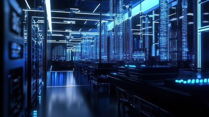 Wall Mural - futuristic server room with blue neon lights