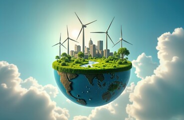 floating eco planet with green city, renewable energy sources. sustainable city on floating earth wi