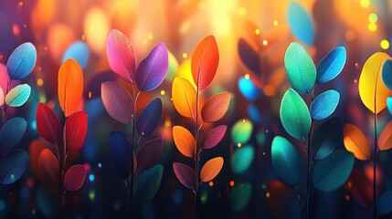 Poster - Colorful Vibrant Leaves with Soft Bokeh Background and Dreamy Atmosphere in Abstract Nature Concept