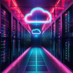 Leinwandbilder - Neon Cloud Concept in Futuristic Data Center with Colorful Lighting and Server Racks