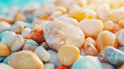 Poster - Colorful and Textured Pebbles on a Sandy Beach with Lovely Sunlight and Vibrant Colors