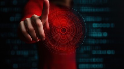 Fototapete - Close-Up of a Hand Pointing at a Glowing Red Circle on a Digital Background with Code and Data Elements