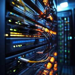 Fototapete - Detailed Close-Up of Data Center Server Rack with Illuminated Lights and Cables in a High-Tech Environment