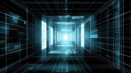 Poster - Futuristic Digital Tunnel with Glowing Lines and Light Effects in Abstract Space Environment