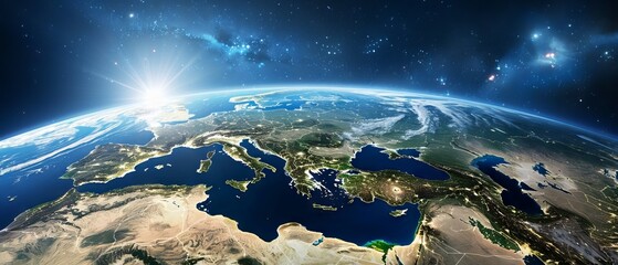 Wall Mural - High-resolution satellite view of Europe on Earth from space, showcasing vibrant landforms, coastlines, and swirling cloud formations