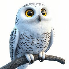 wise snowy owl with big yellow eyes sitting on a tree branch, placed on a bright white background