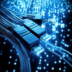 Fototapete - Futuristic Close-Up of USB Cables Against a Dynamic Blue Light Background for Technology Applications