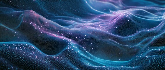 Wall Mural - abstract background with a wavy blue and purple gradient, a digital wave pattern of dots and lines.