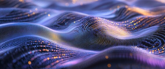 Wall Mural - abstract background with a wavy blue and purple gradient, a digital wave pattern of dots and lines.