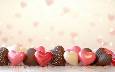 Wall Mural - n assortment of colorful heart-shaped candies and chocolates, artistically arranged on a creamy-white-to-rose-gold gradient background. Valentines Day and 8 March theme