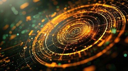 Aufkleber - Abstract digital background with glowing circles and intricate tech patterns in vibrant orange and green tones