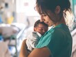 © Mykhailo Podolian - Gentle embrace of a nurse lovingly cradling a newborn in a warm hospital setting