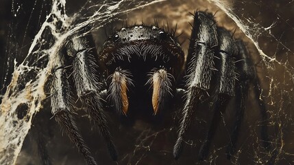 A Close-Up Encounter with a Dark Spider in its Web
