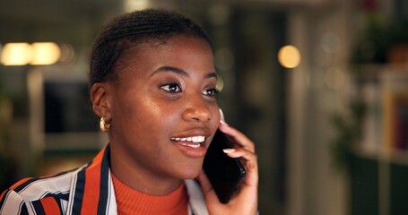 Aufkleber - Black woman, night or phone call for business in home or remote work for creative agency and ideas. Mobile, consulting or brand consultant speaking of planning startup project and proposal deadline