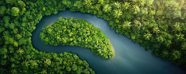 Poster - Aerial landscapes nature concept. Aerial view of a winding river surrounded by lush green vegetation and tropical foliage.