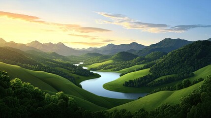 Poster - Aerial landscapes nature concept. Scenic view of a river winding through lush green hills under a bright blue sky.