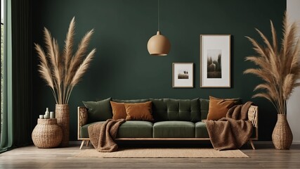 Wall Mural - Modern living room with green walls, cozy furnishings, and stylish decor elements for a serene ambiance