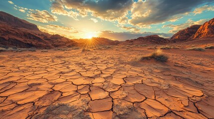 Wall Mural - Breathtaking Desert Landscape with Cracked Earth and Sunset Skies