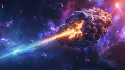 Wall Mural - cosmic abstract background with a blazing comet, vibrant laser beams piercing through a glowing ston