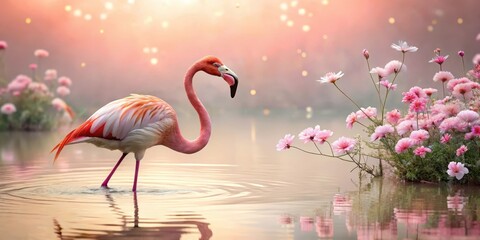 Wall Mural - A flamingo wading in shallow water against a soft pink background, flowers, bird's eye view,  flowers, bird's eye view, branch