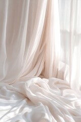 Wall Mural - Fresh white sheets are spread on a bed, softly illuminated by natural light coming through sheer curtains, creating a clean and peaceful atmosphere. The scene evokes tranquility and comfort