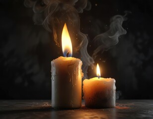 Smoke wafts up from a lone candle as the flame is extinguished on a dark background, soot, background darkness