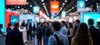© Vadym - Busy trade fair expo with diverse crowd. People interact at booths. Products, services on display. Vibrant banners, tech displays. Lots of engagement, networking opportunities. Great atmosphere for