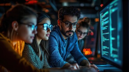 Group of diverse young professionals collaborating on coding project in modern office with computer screens displaying programming codes and illuminated background