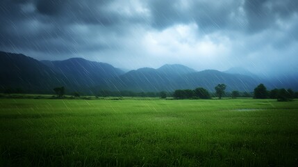 rainy season landscape, lush green rice field under heavy rain, nature background for wallpaper, web