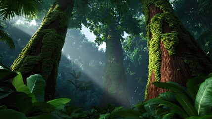 Wall Mural - Rainforest scenes nature concept. Majestic trees in lush greenery with sunlight filtering through the dense forest canopy.