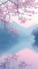Wall Mural - tranquil pink cherry blossom reflection on calm water surrounded by misty mountains