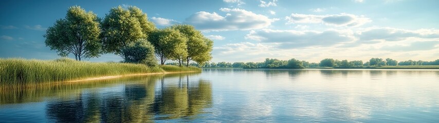 Wall Mural - serene landscape of calm water reflecting trees with blue sky and fluffy clouds in background