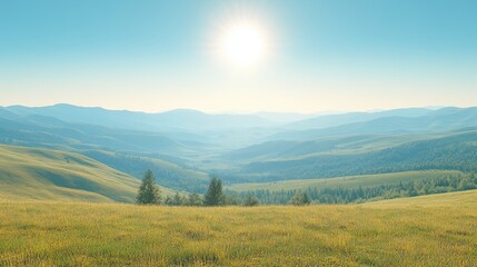 Wall Mural - serene landscape of rolling green hills under bright blue sky with sunlit horizon