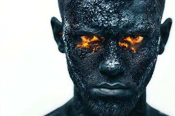 Wall Mural - A striking portrait of a person with a textured black face and glowing orange eyes, evoking a sense of intensity and mystique.