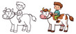 © Crafter - Cute Kawaii Ox or Cow and Boy line art with fill-colored sample Printable. Isolated on White Background Outline Vector Illustration. Bold and Easy Farm and Domestic Animal Coloring Page