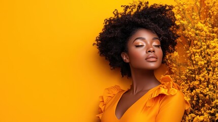 An exquisite image of a woman with beautiful curly hair, donning a vibrant yellow outfit, set against a matching backdrop with flowers symbolizing joy and sunlit vitality.