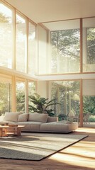 Wall Mural - Bright and Airy Modern Living Room with Nature View and Soft Fabrics