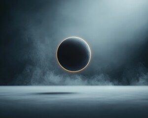 Wall Mural - a black sphere is floating in the air above a foggy, misty landscape
