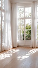 Wall Mural - Bright Sunlit Room with Large Windows and Flowing White Curtains