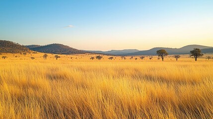 Wall Mural - Savannah grassland nature idea. Golden grasslands under a clear sky with distant hills and trees, capturing serene beauty.