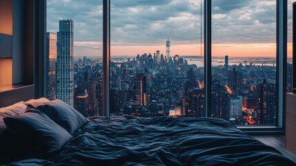 Wall Mural - Cozy modern bedroom with stunning city skyline view at sunset