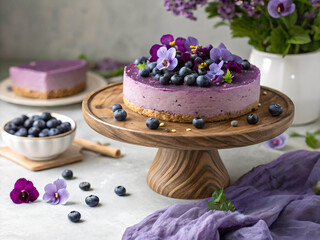 Wall Mural - A rustic wooden stand holding a lavender cheesecake adorned with blueberries and purple flowers. To the left of the cake is a bowl of blueberries, and to the right is a flower vase with purple flowers