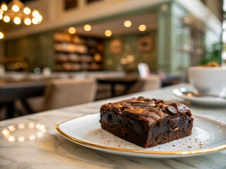 Wall Mural - A slice of chocolate cake is placed on a white plate with a gold rim. The background shows a cozy cafe setting with chairs, a counter, and a coffee cup.