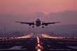 Commercial airliner passenger plane fly down over landing at sunset. Neural network ai generated