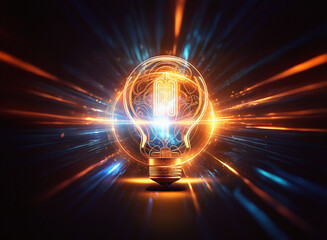 Poster - Abstract sci-fi double exposure image of a glowing lightbulb, radiating energy against a dark background.  Bright streaks of light emanate outwards.